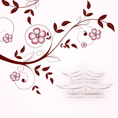 Vintage floral background with birds in the Japanese style.