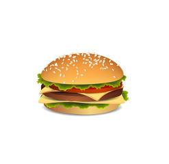 Big, delicious burger. Tasty food. Fast food. Hamburger icon. A sandwich with meat and cheese. Icon of food. Large delicious sandwich