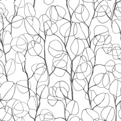 Naadloze bloemmotief met handgetekende abstracte planten op een witte achtergrond. Monochrome achtergrond met plant contouren.