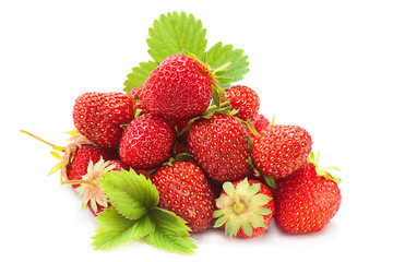 Strawberry fruit heap with leaf