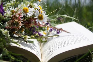 Open book  and bouquet of wild flowers laying on a green grass