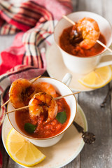 Gaspacho soup with grilled shrimps