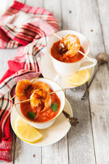 Gaspacho soup with grilled shrimps