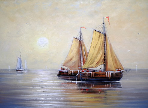 Oil paintings sea landscape, ships, boat, fishermen