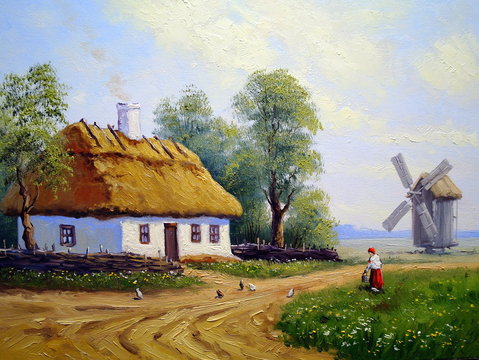 Village and windmill, oil paintings