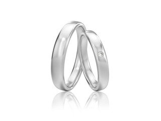 3D illustration two silver classic wedding rings with diamond with reflection