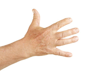 Hands of old senior on a white background