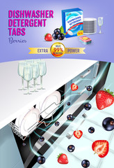 Berries fragrance dishwasher detergent tabs ads. Vector realistic Illustration with dishwasher in kitchen counter and detergent package. Vertical poster