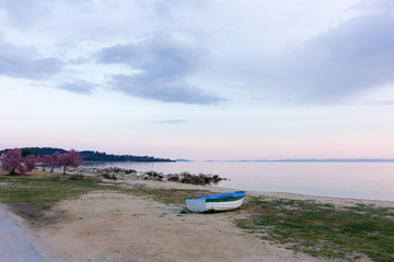 The waterfront of Nikiti in Chalkidiki, Greece, at dusk 