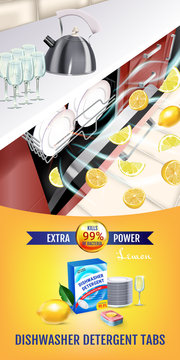 Lemon fragrance dishwasher detergent tabs ads. Vector realistic Illustration with dishwasher in kitchen counter and detergent package. Vertical banner