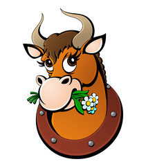 Cartoon red cow. Logo.