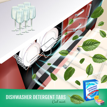 Cool mint fragrance dishwasher detergent tabs ads. Vector realistic Illustration with dishwasher in kitchen counter and detergent package. Poster