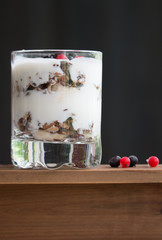 Granola and yogurt with berry in a drinking glass on a shelf close-up side view studio photo 