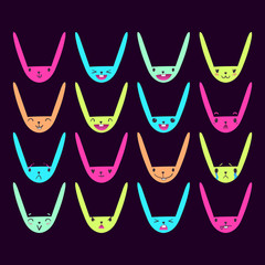 Set of cute color Easter bunny emoticons with happy and lovely faces on black background, hand-drawn rabbit collection with various emotions, EPS 10