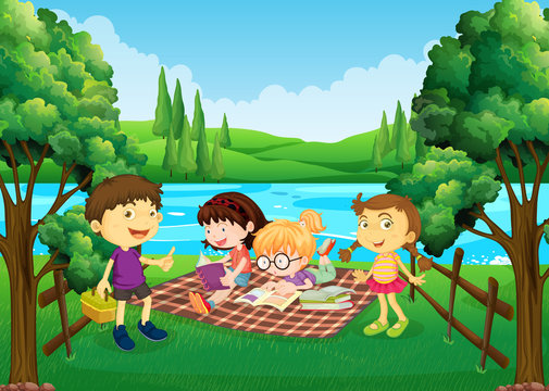 Children having picnic by the river
