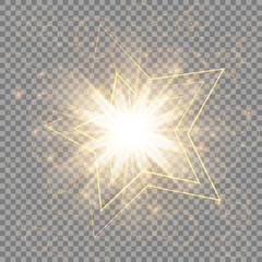 Christmas golden star with light effects close-up on a transparent background
