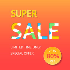 Super sale banner, poster, flyer. Vector design of sale template. Vector illustration of colorful motley design for business.