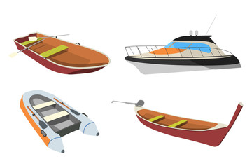 Set of Boat: Speedboat, Pirogue, Raft and Boat icon. Cartoon Vector Illustration