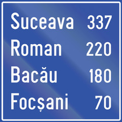 Guide sign with distance to destinations in Romania