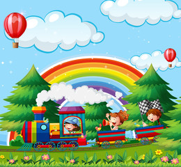 Children riding on train in the park