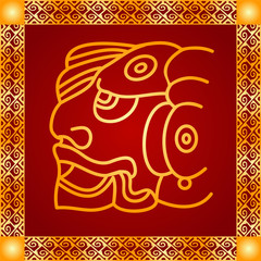 Golden symbolic vector ornaments of American native Indians, Aztec and Maya