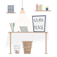 Workplace in office. Desk with laptop, shelves with folders and wastepaper basket under the table. Vector illustration, isolated on white background.