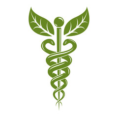 Caduceus medical symbol, graphic vector emblem for use in healthcare. Phytotherapy metaphor.