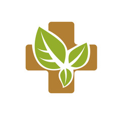 Vector illustration of religious Christianity cross composed with green spring leaves. Charity and volunteer theme. Alternative medicine concept.