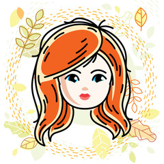 Girls face, human head. Vector character, beautiful red-haired teenager with stylish haircut.