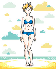 Attractive young blonde woman standing on tropical beach and wearing blue bathing suit. Vector human illustration. Summer vacation theme.