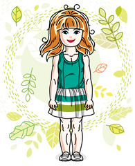 Cute little red-haired girl standing on background of spring landscape and wearing stylish casual clothes. Vector human illustration.