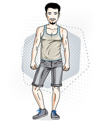 Confident handsome brunet young man standing. Vector illustration of male wearing casual clothes, jeans shorts and singlet.