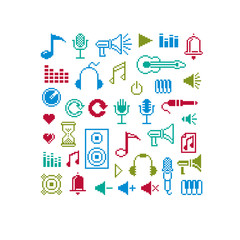 Vector flat 8 bit musical icons, collection of simple geometric pixel symbols. Digital web signs.
