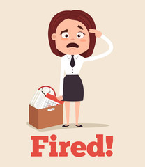 Sad unhappy office worker woman character fired from job and leaving office with box. Vector flat cartoon illustration