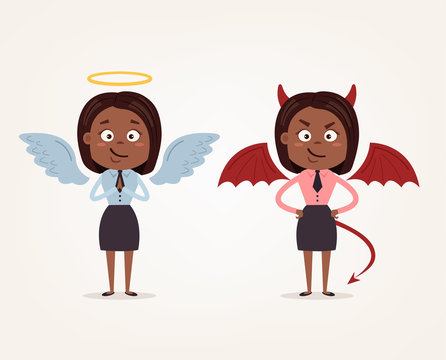 Angel and devil African American business woman office workers characters. Good and bad. Vector flat cartoon illustration