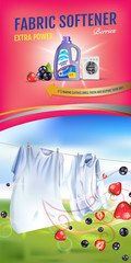 Berries fragrance fabric softener gel ads. Vector realistic Illustration with laundry clothes and softener rinse container. Vertical banner