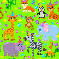 Obraz na płótnie Canvas Seamless animal pattern stars birthday cone on green