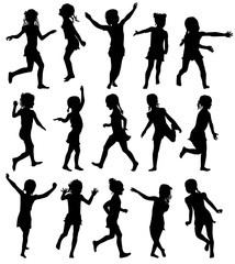 Set silhouettes happy girls jumping and running