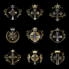 Christian Crosses emblems set. Heraldic Coat of Arms decorative logos isolated vector illustrations collection.