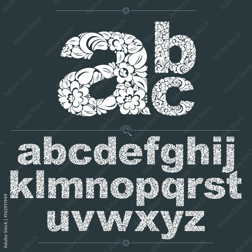 Poster set of vector ornate lowercase letters, flower-patterned typescript. black and white characters crea