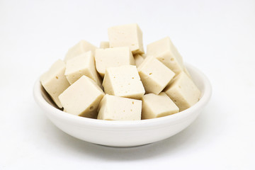 soy tofu and soybeans, Vegetarian food isolated on white background.