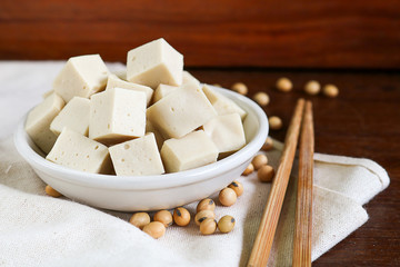 soy tofu or bean curd, Vegetarian food on wooden background.