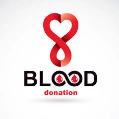 Blood donation inscription isolated on white and created with vector red blood drops, heart shape and infinity symbol. Medical theme graphic logo for use in charitable organizations.