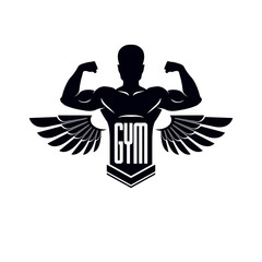 Gym and fitness logo template, retro stylized vector emblem or badge with wings. With bodybuilder silhouette.