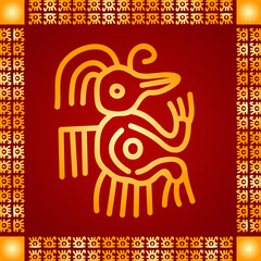 Golden symbolic vector ornaments of American native Indians, Aztec and Maya