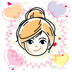 Vector illustration of beautiful blonde girl face, positive face features, Valentine day clipart.