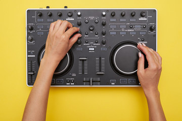 Fototapeta premium Flat layout of mixing board on background