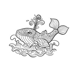 Vector zentangle Whale floating on the waves. Hand drawn pattern for coloring book. 