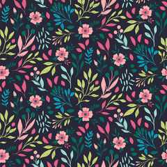 Colorful bright floral print with flowers and leaf. Vector seamless pattern. - 162913735