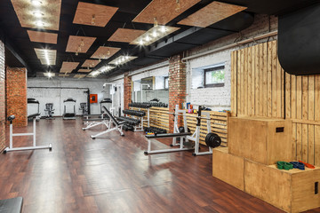 Interior view of a gym with equipment.